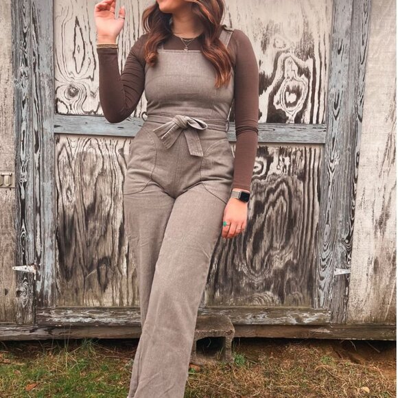 Women\'s Cotton Denim Overalls | Belted Jumpsuit | Charcoal Brown main image 10